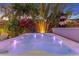 Relaxing hot tub illuminated at dusk with lush landscaping and waterfall feature at 727 53Rd N Ter, St Petersburg, FL 33703
