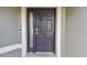 Dark purple front door with a sidelight and a smart lock at 8023 Carriage Pointe Dr, Gibsonton, FL 33534