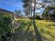 Beautiful backyard with mature trees casting shadows across a green lawn at 11405 Warm Wind Way, Weeki Wachee, FL 34613