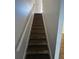 Carpeted staircase with wooden handrail leading upstairs at 6023 Osprey Lake Cir, Riverview, FL 33578