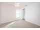 A bright, carpeted bedroom with a ceiling fan, window, and closet with built-in shelving at 5627 War Admiral Dr, Wesley Chapel, FL 33544
