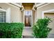 Close up shot of a front door and surrounding bushes at 5627 War Admiral Dr, Wesley Chapel, FL 33544