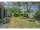 Large backyard with lush greenery, enclosed lanai, mature trees, and privacy fence at 21550 Clubside Loop, Lutz, FL 33549