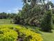 Grassy backyard featuring a rod iron fence and beautiful landscaping and mature oak trees at 5935 Maidenstone Way, Palmetto, FL 34221