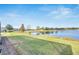 Landscaped backyard with pond and lush green grass at 7506 Parkshore Dr, Apollo Beach, FL 33572