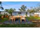 Backyard patio with wood dining set and potted plants at 8509 El Portal Dr, Tampa, FL 33604