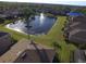 An aerial view of a serene pond, with lush landscaping and neighborhood homes at 8451 Karpeal Dr, Sarasota, FL 34238