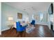 Spacious living room with hardwood floors, blue accent chairs, and water views at 55 Edgewater Dr, Dunedin, FL 34698