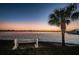 Peaceful waterfront view with a bench and palm tree at sunset at 4750 Cove Cir # 307, St Petersburg, FL 33708