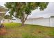 Backyard with a large tree, shed, and white privacy fence at 6321 Staunton Dr, Holiday, FL 34690