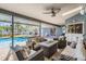 Covered patio with comfortable seating overlooking pool at 10032 Highcrest Ln, New Port Richey, FL 34654