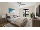 Modern bedroom with wood floors, ceiling fan, and large window with city views at 199 Dali Blvd # 302, St Petersburg, FL 33701