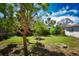 Landscaped backyard featuring mature trees and a small fire pit area at 9567 85Th St, Seminole, FL 33777