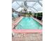 Screened-in pool with pink border and steps, surrounded by palm trees at 644 Blue Nw Ln, Port Charlotte, FL 33952