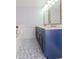 Modern bathroom with blue vanity, dual sinks, and decorative tile floor at 912 Channelside Dr # 2412, Tampa, FL 33602