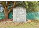 White shed in the backyard under a shade tree at 5047 Fitchburg Dr, Holiday, FL 34690