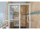 Modern shower with glass door and tiled walls, accented with a stylish blue tile stripe at 5101 Huntington Ne Cir, St Petersburg, FL 33703