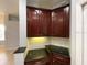 Close-up of kitchen cabinets and countertop with dark granite, tiled backsplash, and under-cabinet lighting at 10101 Paddock Oaks Dr, Riverview, FL 33569