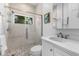 Modern bathroom featuring a glass-enclosed shower, stone flooring, and vanity with a white countertop at 3025 Oakmont Dr, Clearwater, FL 33761