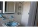 Bathroom with light tile, light blue sink, and a shower at 7116 Kingsbury Cir, Tampa, FL 33610