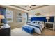 Serene primary bedroom suite with plush carpeting, a blue headboard, and large windows overlooking the water at 12067 Kingsley Trl, Parrish, FL 34219