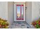 Elegant red front door with glass panels and stone flooring at 2212 Valterra Vista Way, Valrico, FL 33594