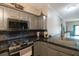 Modern kitchen with gray cabinets, black countertops, and stainless steel appliances at 10212 Grant Creek Dr, Tampa, FL 33647