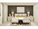 Main bedroom with dark accent wall, comfy seating, and neutral bedding at 13024 Calcite Blue Ave, Wimauma, FL 33598