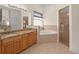 Well-lit bathroom featuring a tub, walk-in shower, and granite counters at 1406 Deerbourne Dr, Wesley Chapel, FL 33543