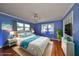 Virtually staged bedroom with white dresser, blue accents, and hardwood floors at 703 Elkhorn Rd, Sun City Center, FL 33573