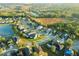Aerial view of community with lake and homes at 4104 Warwick Hills Dr, Wesley Chapel, FL 33543