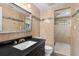 Updated bathroom with a walk-in shower and dark vanity at 6006 Soaring Ave, Temple Terrace, FL 33617