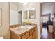 Clean bathroom with single vanity, shower, and tile flooring at 521 Harbor Ridge Dr, Palm Harbor, FL 34683