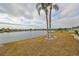 Picturesque backyard with lush greenery and palm trees, providing a serene lakeside setting at 407 Blackhawk Cir, Sun City Center, FL 33573