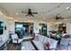 Covered patio with comfortable seating, string lights, and views into the kitchen and Gathering room at 13118 Sorrento Way, Bradenton, FL 34211