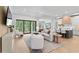 Bright, open living area flows into the kitchen, featuring modern furnishings, sleek floors, and expansive sliding glass doors at 10639 Ruffino Ct, Trinity, FL 34655
