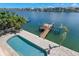 Aerial view showcasing the pool, boat dock, and waterfront location with lush landscaping at 6015 Kipps Colony E Dr, Gulfport, FL 33707
