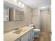 Bathroom features a vanity with a large mirror and updated flooring at 9386 Tradewinds Ave, Seminole, FL 33776