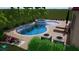 Backyard pool with a unique design, spa, lush landscaping, lounge chairs, and an umbrella at 14672 Horse Trot Rd, Lithia, FL 33547