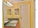 Bathroom featuring a single sink vanity, mirror, and white door at 9336 Villa Entrada, New Port Richey, FL 34655