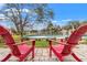 Relaxing backyard with pool view, red Adirondack chairs on paver patio, and lush landscaping at 1307 Windjammer Pl, Valrico, FL 33594
