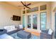 Covered patio space boasts a ceiling fan, outdoor seating, and television at 3406 Ranchdale Dr, Plant City, FL 33566