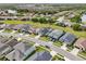 Aerial view of a neighborhood showcasing well-maintained homes, green spaces, and a serene lake at 4735 Rolling Green Dr, Wesley Chapel, FL 33543