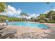 Community pool with crystal clear water, surrounded by brick pavers, palm trees, and plenty of lounge chairs at 4735 Rolling Green Dr, Wesley Chapel, FL 33543