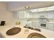 Galley kitchen featuring white cabinetry, laminate countertops, tile backsplash, and stainless steel sink at 3031 Countryside Blvd # 35C, Clearwater, FL 33761