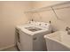 Functional laundry area with modern washer and dryer, plus a utility sink and overhead shelving at 3031 Countryside Blvd # 35C, Clearwater, FL 33761