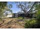 View of the screened porch, lush landscaping and a towering tree providing ample shade in the backyard at 1608 Pinellas Rd, Belleair, FL 33756