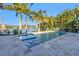 Beautiful rectangular pool surrounded by travertine tile, tall palm trees, and lush greenery at 751 34Th Ne Ave, St Petersburg, FL 33704