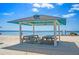 Shaded picnic area on the beach with seating and scenic ocean view at 4514 Dewey Dr, New Port Richey, FL 34652
