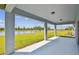 Covered patio offering a serene view of the lush lawn and shimmering lake at 12811 Wanderlust Pl, Parrish, FL 34219